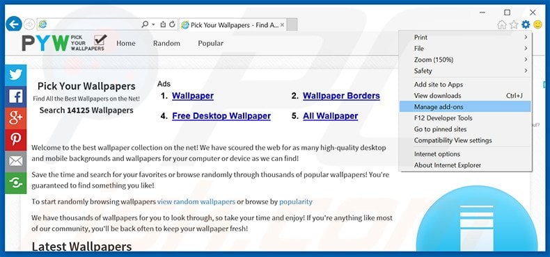 Removing Pick Your Wallpapers ads from Internet Explorer step 1