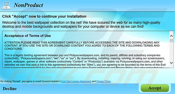 Website installer distributing Pick Your Wallpaper (DynamicUpdater) adware