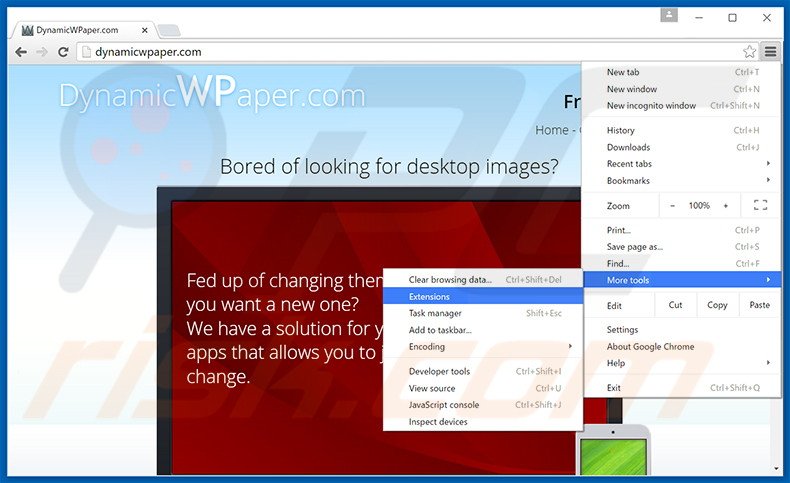 Removing DynamicWPaper  ads from Google Chrome step 1