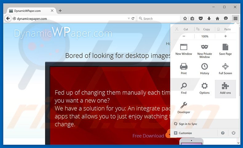 Removing DynamicWPaper ads from Mozilla Firefox step 1