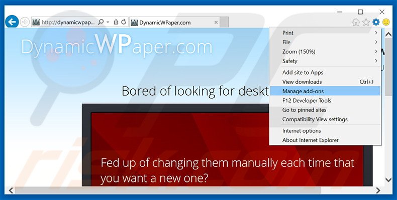 Removing DynamicWPaper ads from Internet Explorer step 1