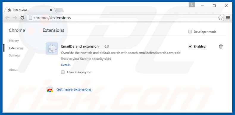Removing search.emaildefendsearch.com related Google Chrome extensions