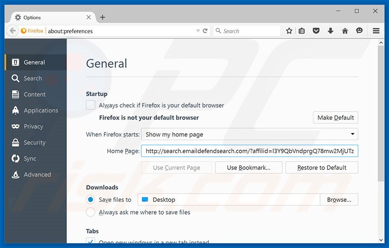 Removing search.emaildefendsearch.com from Mozilla Firefox homepage