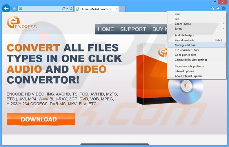 Removing Express Media Converter ads from Internet Explorer step 1