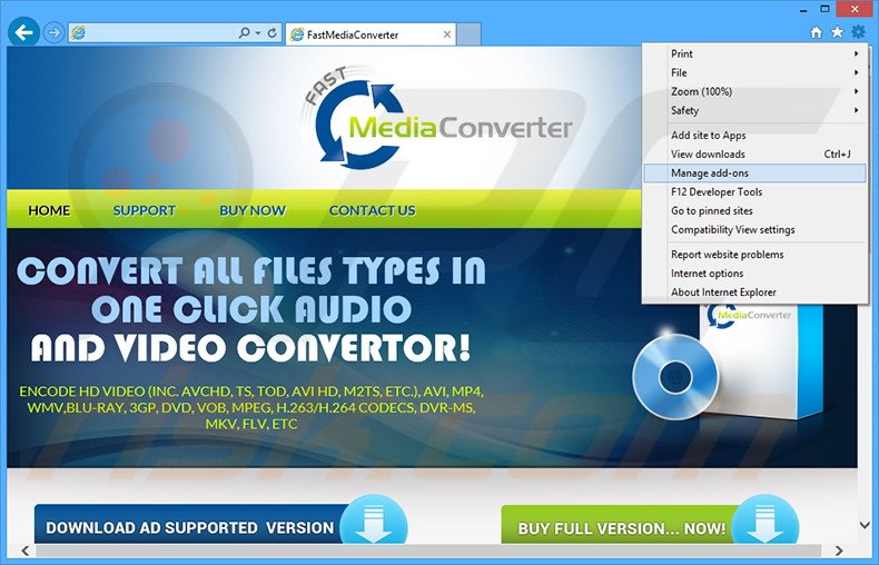 Removing Fast Media Converter ads from Internet Explorer step 1