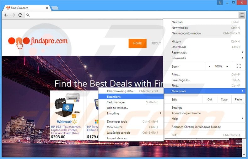 Removing FindsPro  ads from Google Chrome step 1