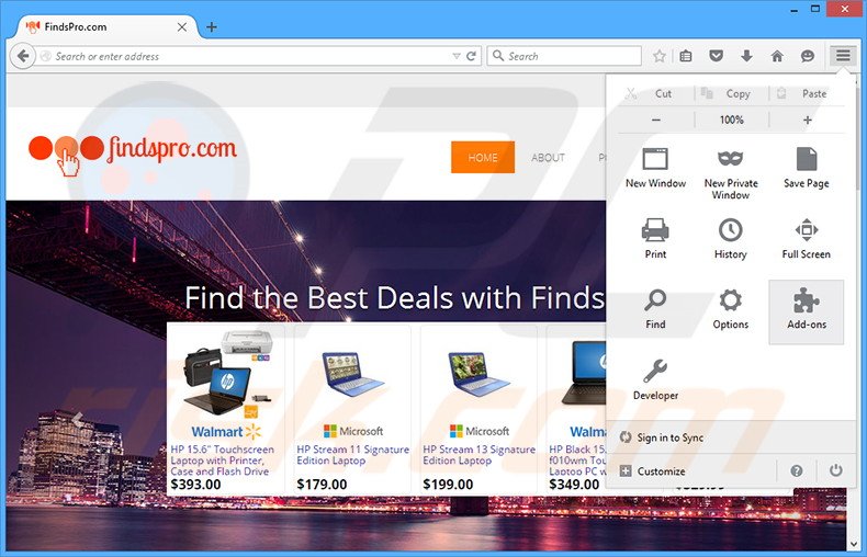Removing FindsPro ads from Mozilla Firefox step 1