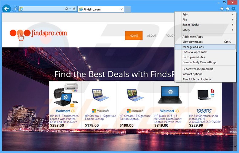 Removing FindsPro ads from Internet Explorer step 1