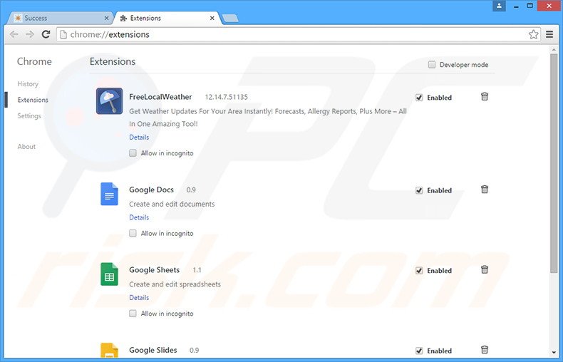 Removing FreeLocalWeather related Google Chrome extensions