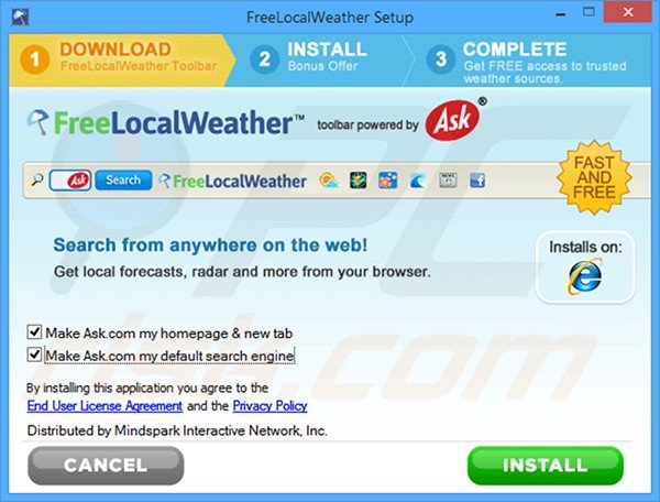 Official FreeLocalWeather browser hijacker installation setup