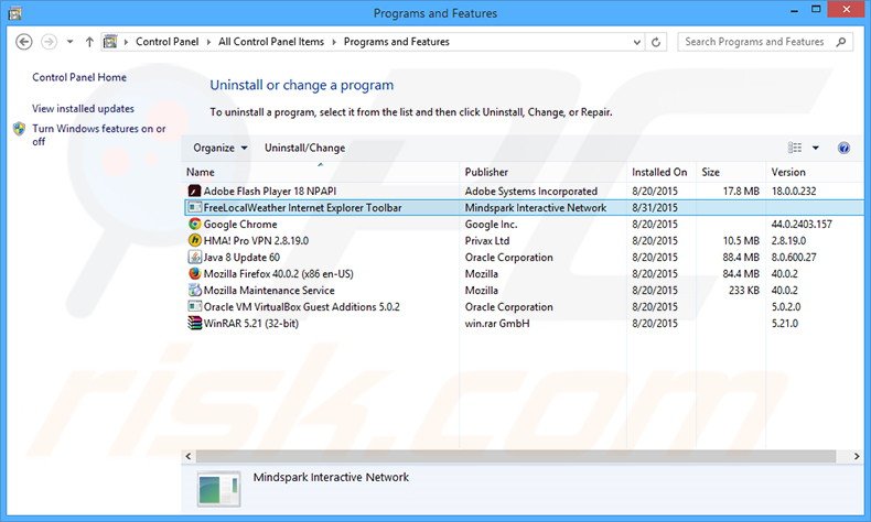 FreeLocalWeather browser hijacker uninstall via Control Panel