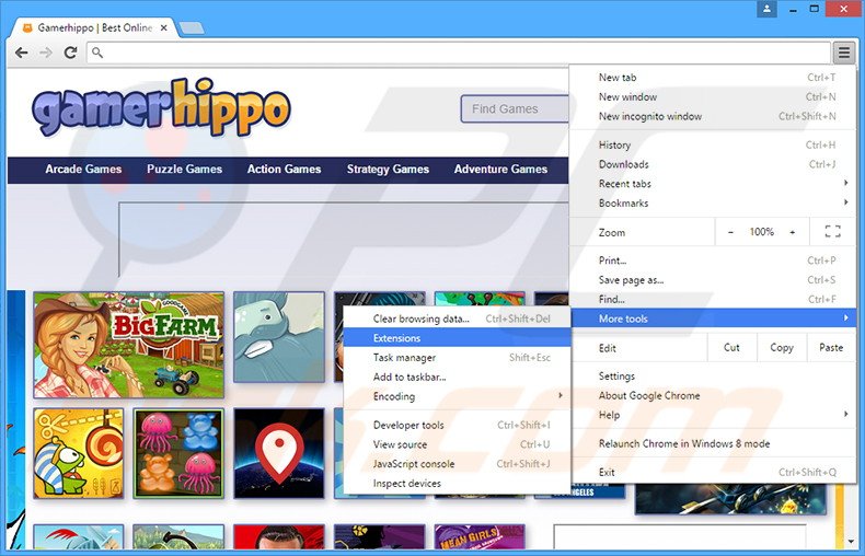 Removing GamerHippo  ads from Google Chrome step 1