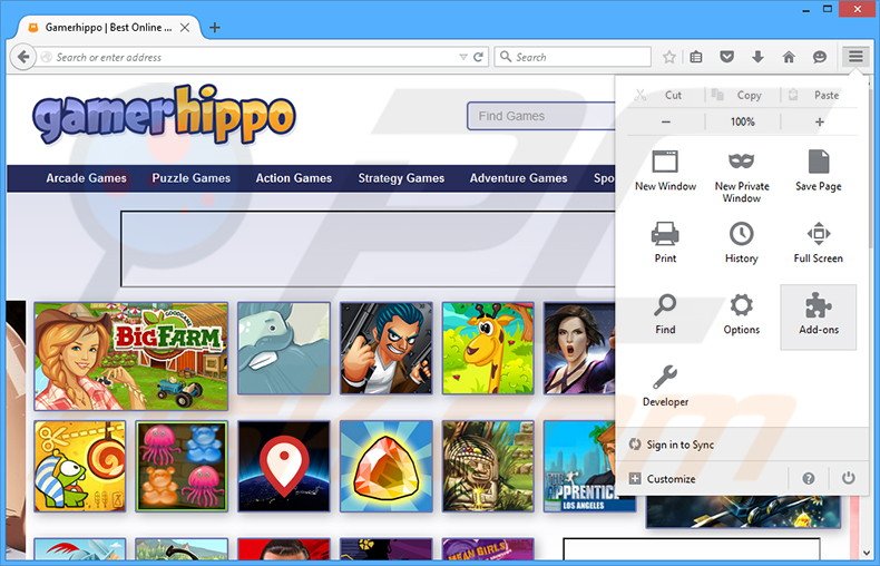 Removing GamerHippo ads from Mozilla Firefox step 1