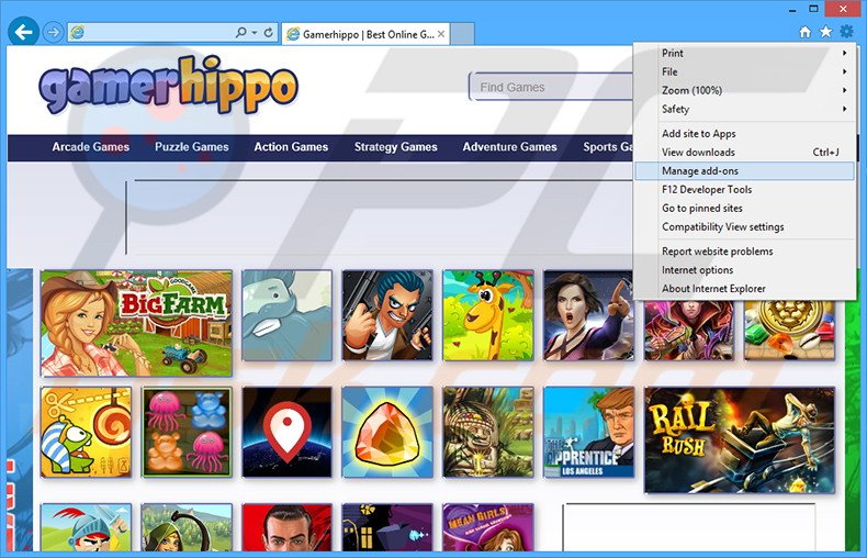 Removing GamerHippo ads from Internet Explorer step 1