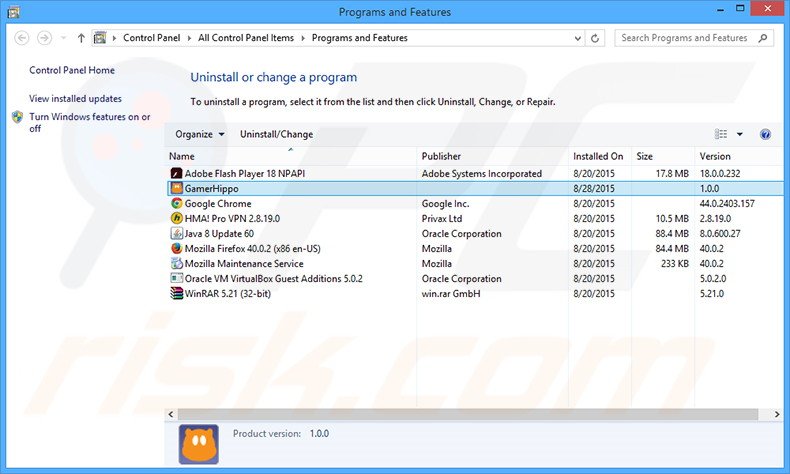 GamerHippo adware uninstall via Control Panel