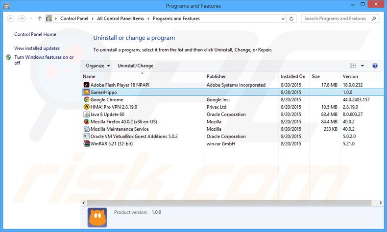 GamerHippo adware uninstall via Control Panel
