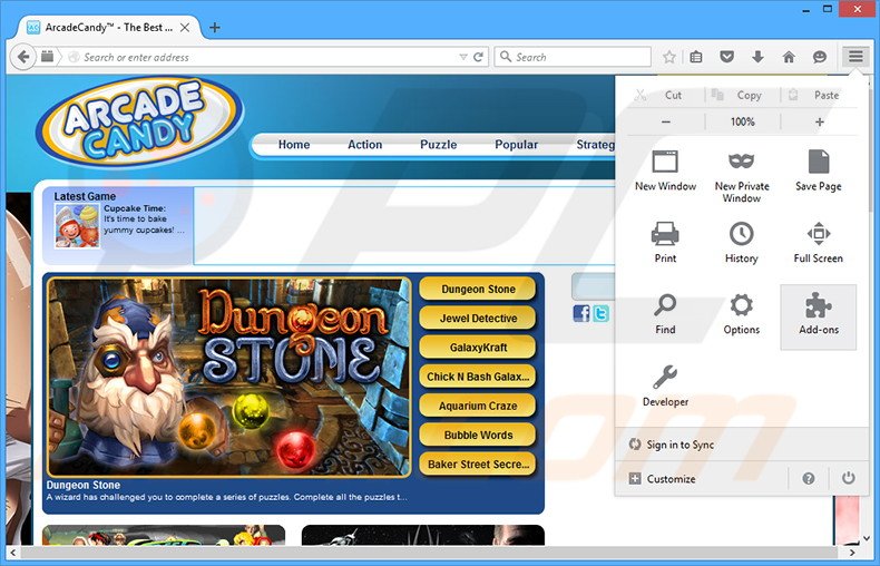 Removing ArcadeCandy ads from Mozilla Firefox step 1
