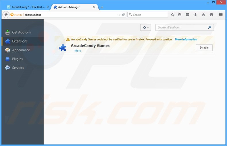 Removing ArcadeCandy ads from Mozilla Firefox step 2
