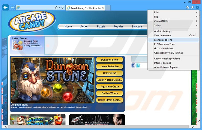 Removing ArcadeCandy ads from Internet Explorer step 1