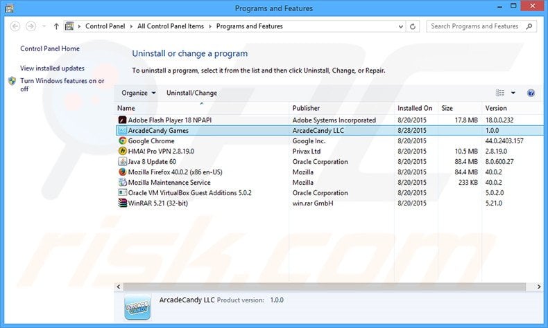 ArcadeCandy adware uninstall via Control Panel