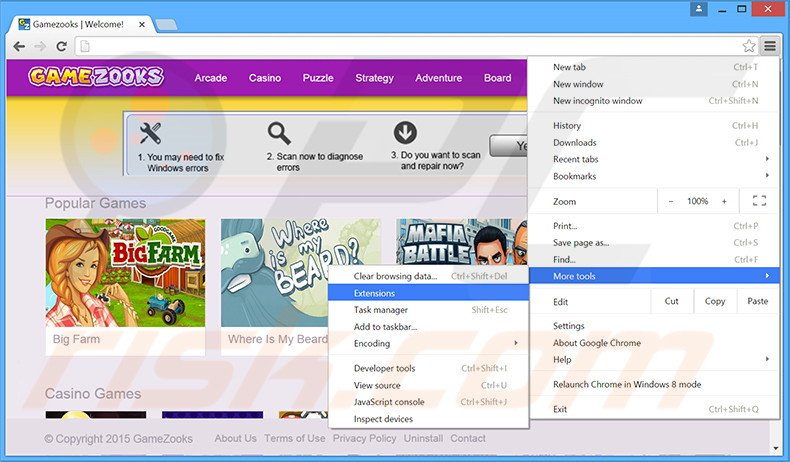 Removing GameZooks  ads from Google Chrome step 1