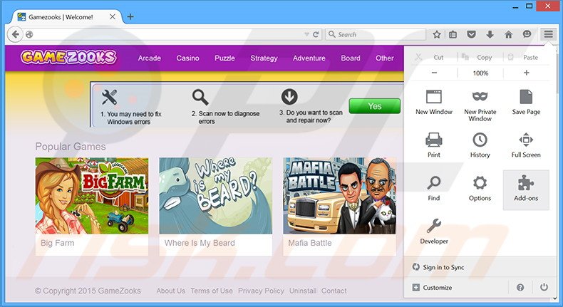 Removing GameZooks ads from Mozilla Firefox step 1