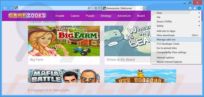Removing GameZooks ads from Internet Explorer step 1