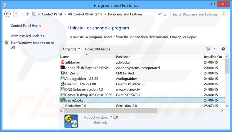 GameZooks adware uninstall via Control Panel