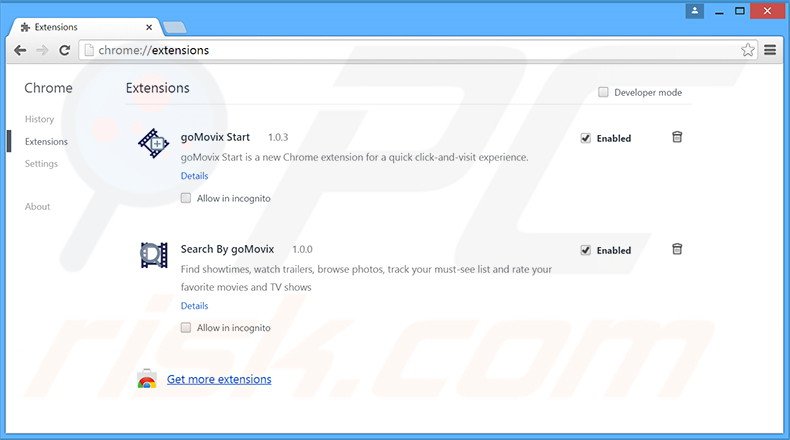 Removing gomovix.searchalgo.com related Google Chrome extensions