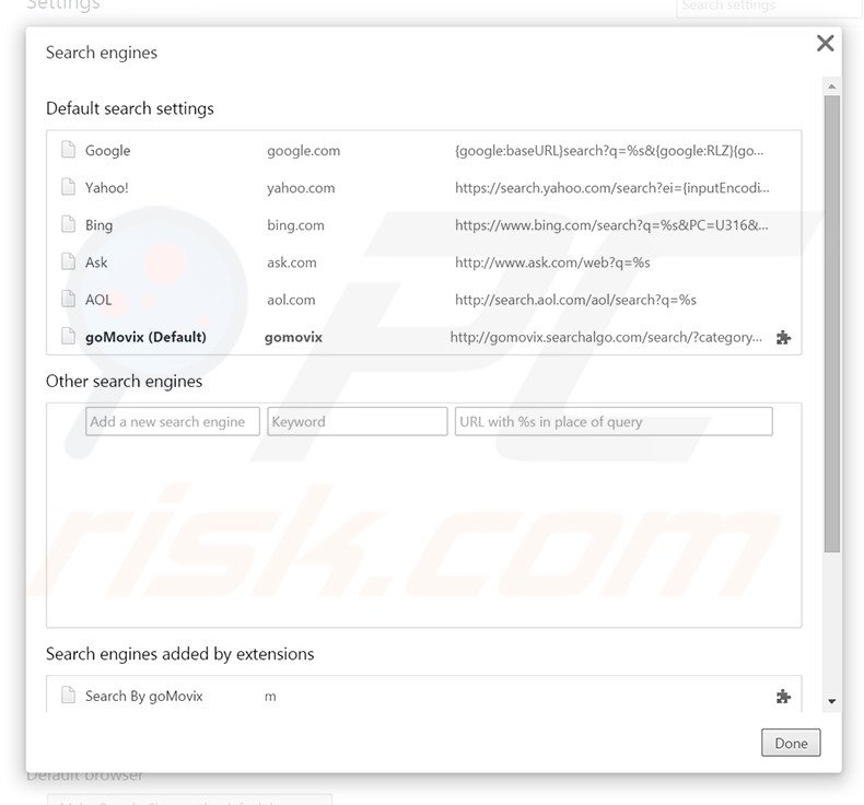 Removing gomovix.searchalgo.com from Google Chrome default search engine