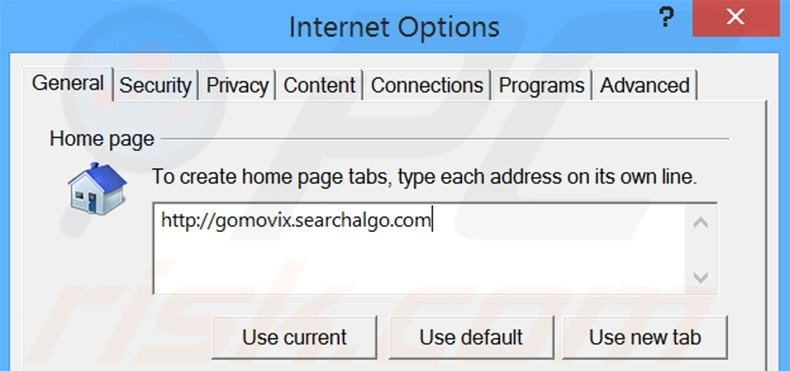 Removing gomovix.searchalgo.com from Internet Explorer homepage