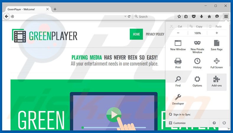 Removing GreenPlayer ads from Mozilla Firefox step 1