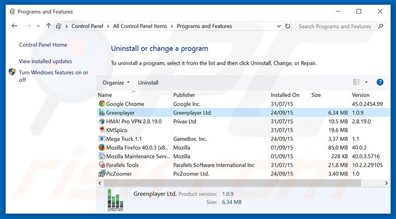 GreenPlayer adware uninstall via Control Panel