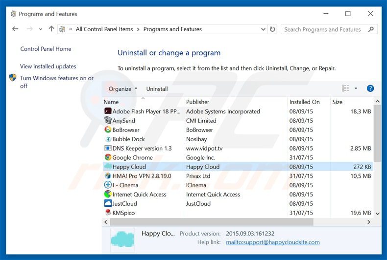 happy cloud adware uninstall via Control Panel