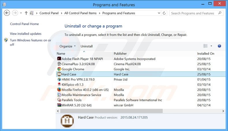 Hard Case adware uninstall via Control Panel