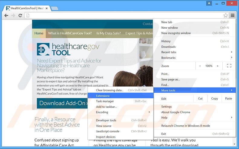 Removing Healthcare Gov Tool  ads from Google Chrome step 1