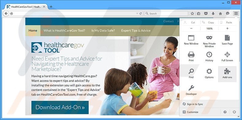 Removing Healthcare Gov Tool ads from Mozilla Firefox step 1