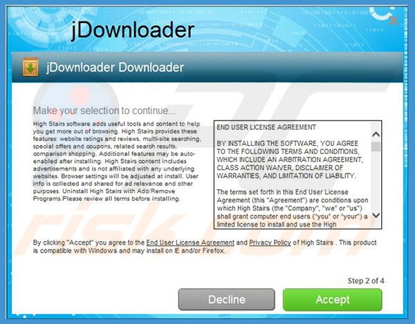 Deceptive installer distributing High Stairs adware