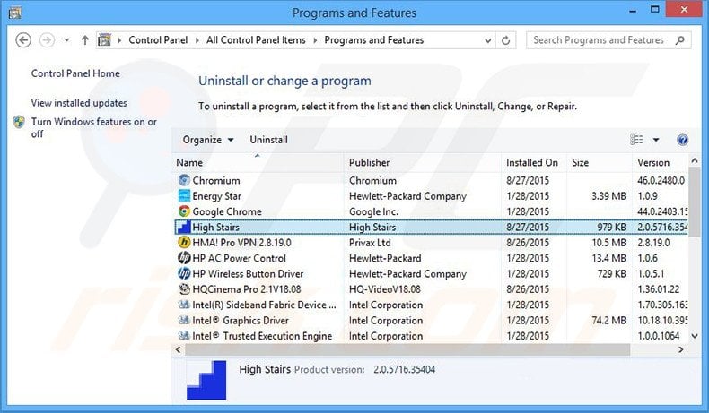 High Stairs adware uninstall via Control Panel