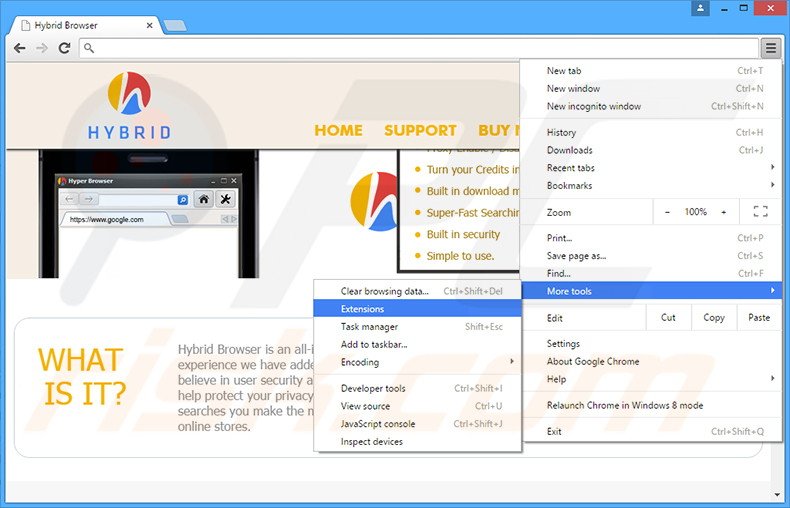 Removing Hybrid Browser  ads from Google Chrome step 1