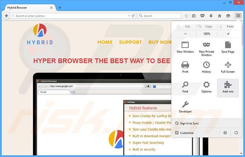 Removing Hybrid Browser ads from Mozilla Firefox step 1
