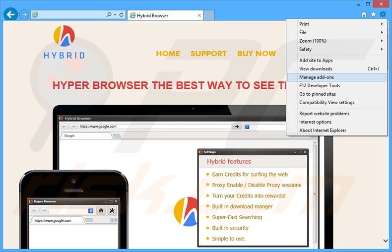 Removing Hybrid Browser ads from Internet Explorer step 1