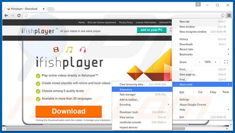 Removing ifishplayer  ads from Google Chrome step 1