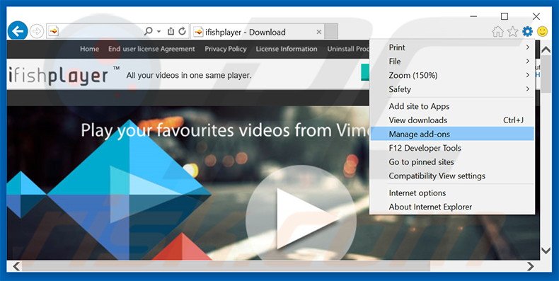 Removing ifishplayer ads from Internet Explorer step 1