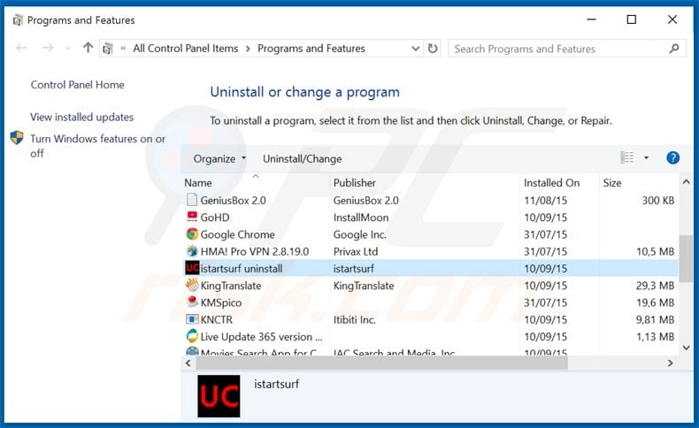 istartsurf.com browser hijacker uninstall via Control Panel