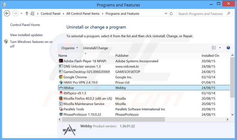 iwebar adware uninstall via Control Panel