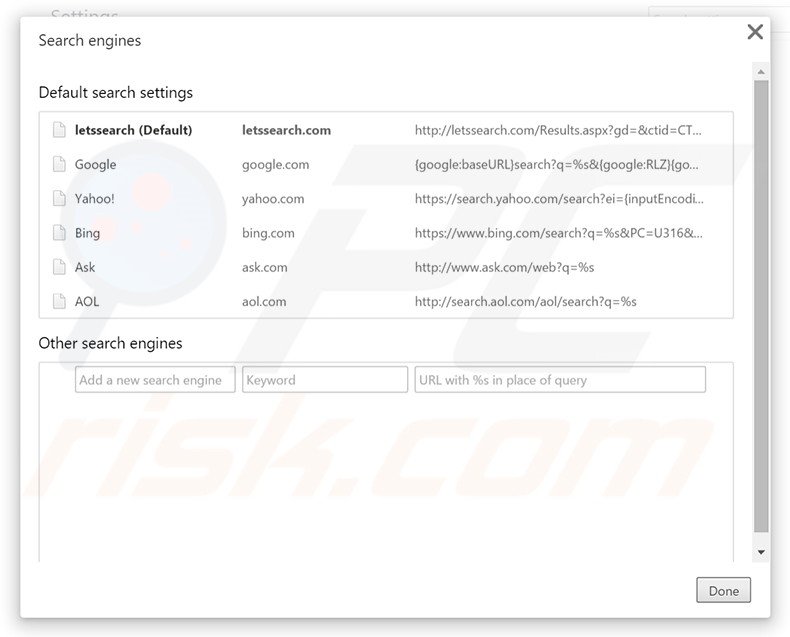 Removing letssearch.com from Google Chrome default search engine