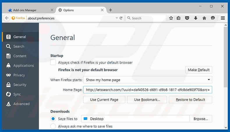 Removing letssearch.com from Mozilla Firefox homepage
