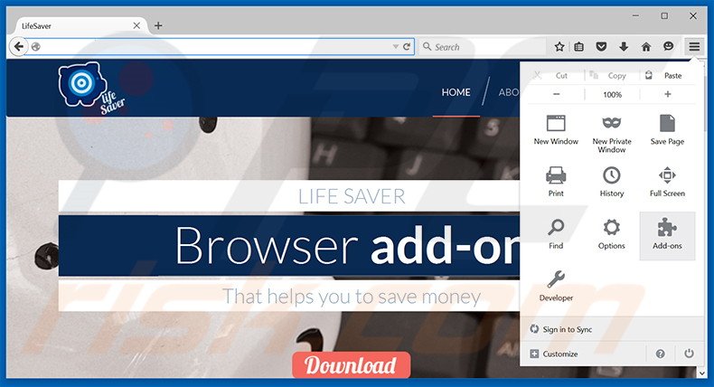 Removing Life-Safer ads from Mozilla Firefox step 1