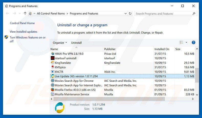 Live Update 365 adware uninstall via Control Panel